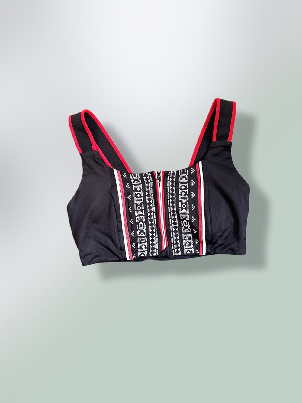 Free People Black Bikini Top with Pink Trim and Patterned Front S
